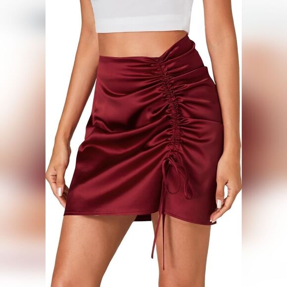 NWT Satin Ruched Split Side Hem High Waist Mini Skirt - Picture 5 of 5